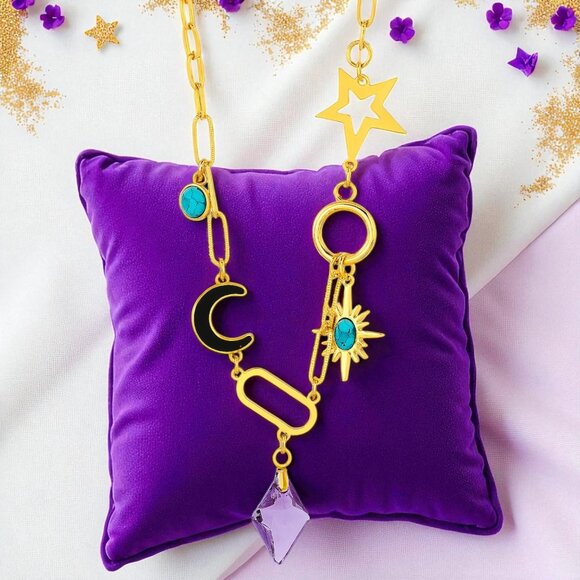 🆕 Boho Celestial Chic 18K Gold Plated Charm Necklace With Star Moon Sun Motifs - Picture 1 of 9